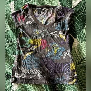 Wet Seal Black V-Neck Tee with Colorful Floral & Animal Print